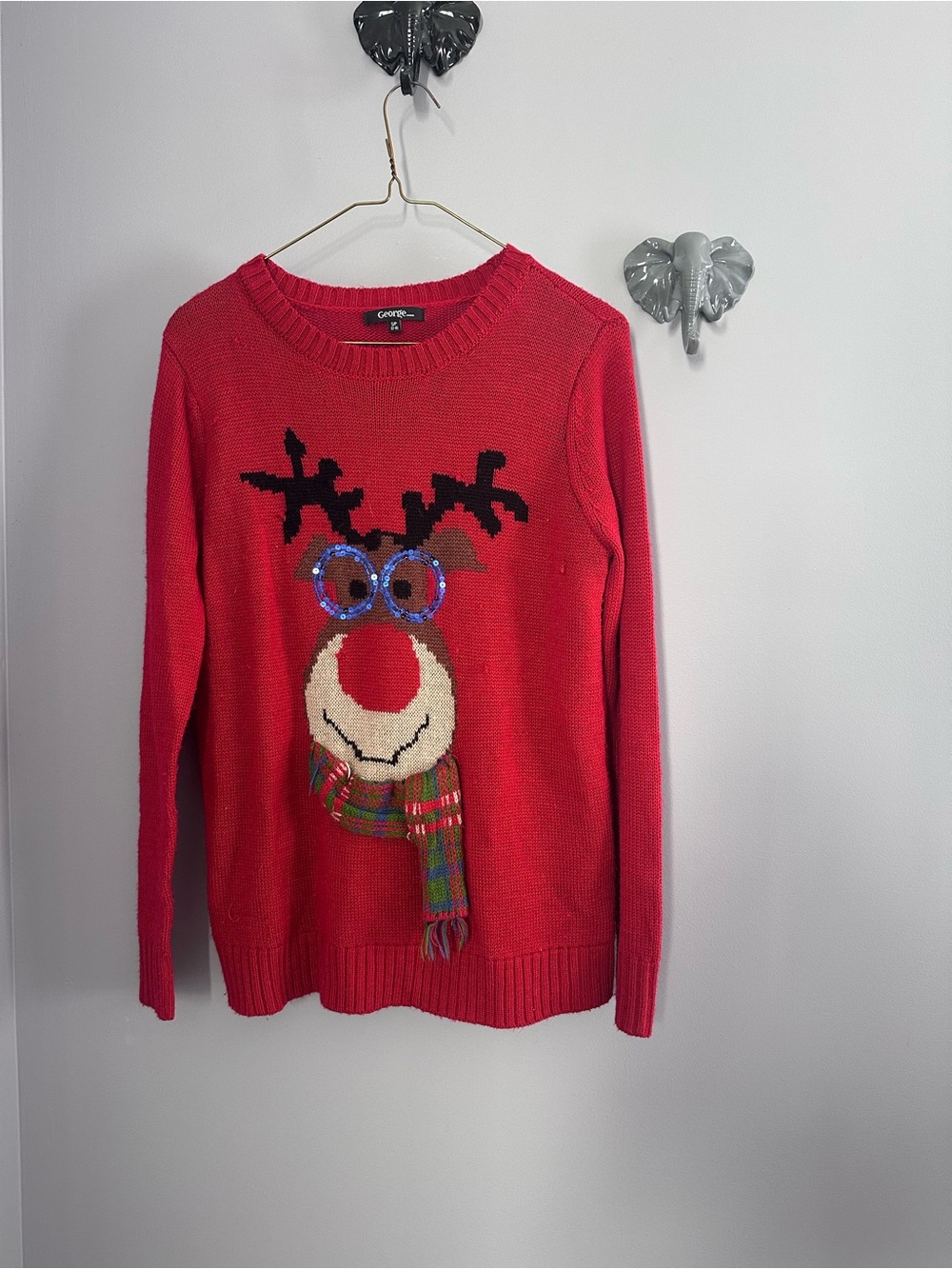 George Red Reindeer Knit ugly Christmas Xmas Sweater - Women's Holiday Pullover